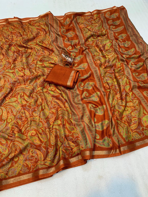 Tussar Silk Paisley Printed Saree for Women | Multicolor Printed Silk Saree