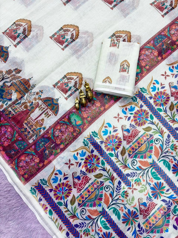 Linen Printed Saree for Women | Multicolor Floral & Traditional Print Saree