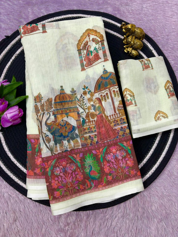 Linen Printed Saree for Women | Multicolor Floral & Traditional Print Saree