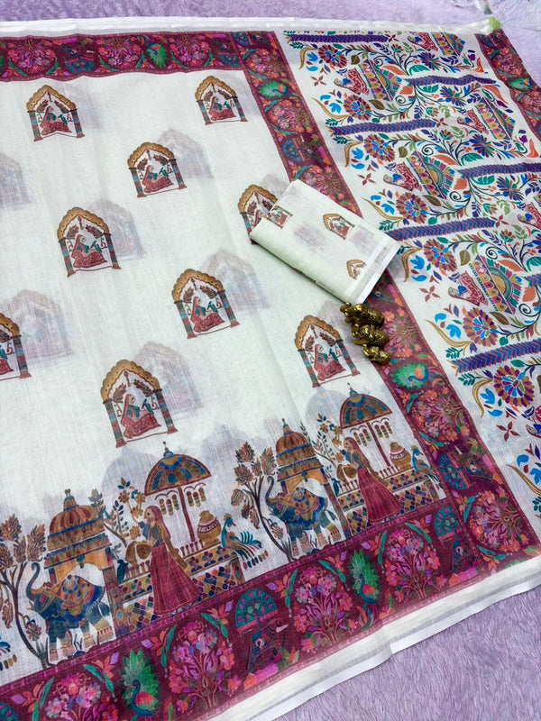 Linen Printed Saree for Women | Multicolor Floral & Traditional Print Saree