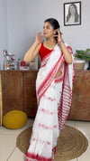 Linen Printed Saree for Women | White & Red Traditional Floral Print Saree