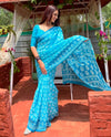 Linen Printed Saree for Women | Blue Floral & Traditional Print Saree