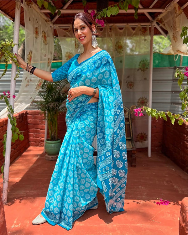 Linen Printed Saree for Women | Blue Floral & Traditional Print Saree