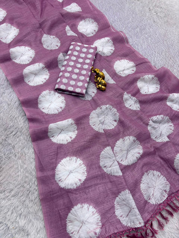 Linen Floral Printed Saree for Women | Mauve Pink Lightweight Linen Saree