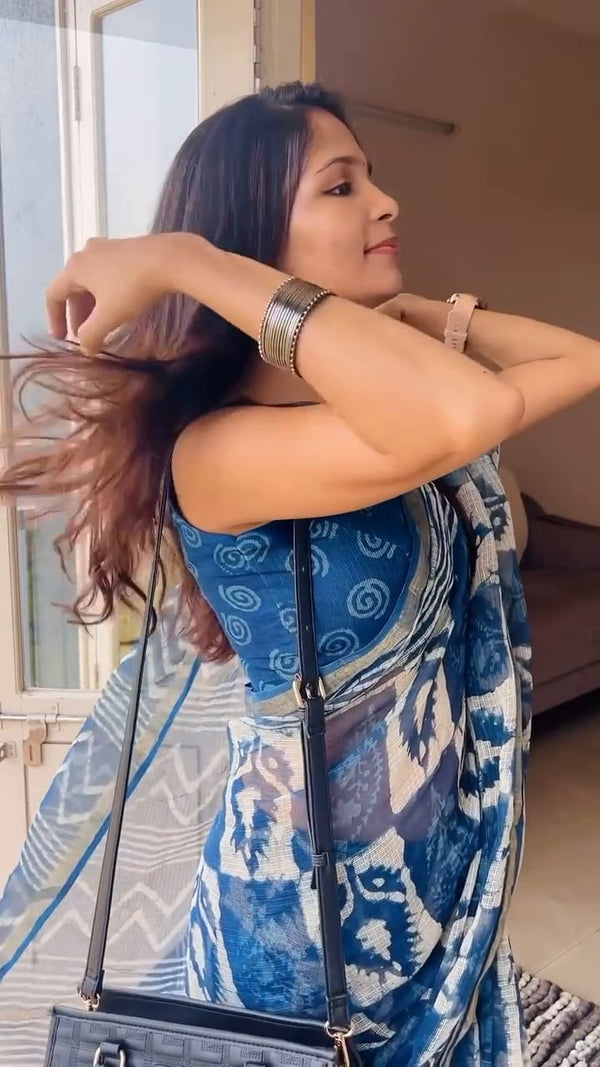 Linen Printed Saree for Women | Blue Abstract Floral Print Saree