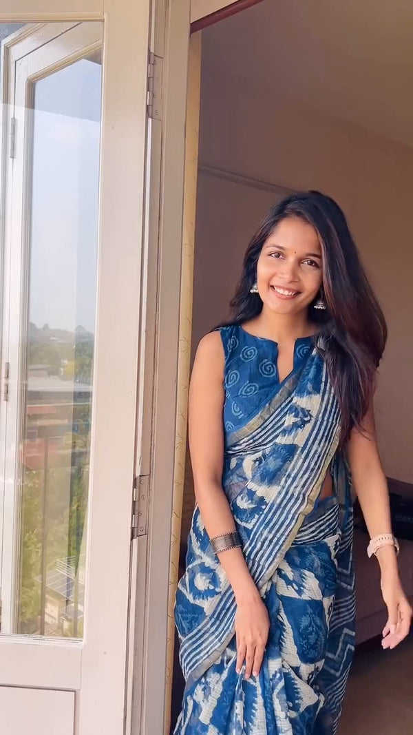 Linen Printed Saree for Women | Blue Abstract Floral Print Saree