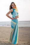 Linen Printed Saree for Women | Sky Blue & Yellow Striped Saree