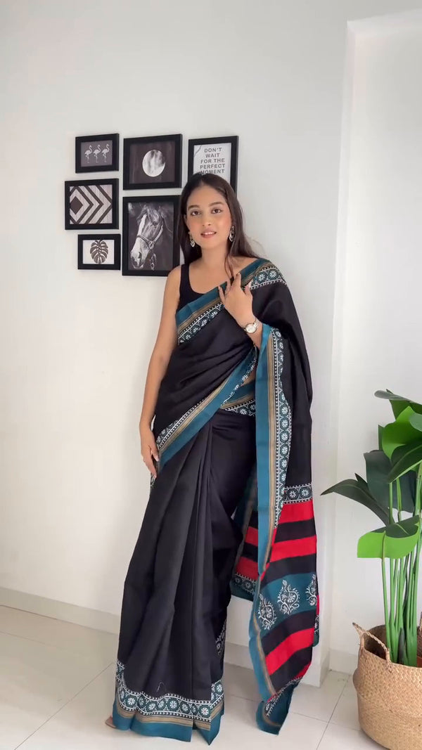 Black Linen Printed Saree for Women | Blue & Red Ethnic Border Saree