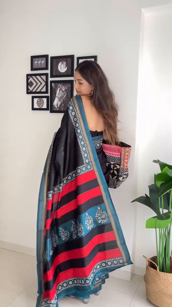 Black Linen Printed Saree for Women | Blue & Red Ethnic Border Saree