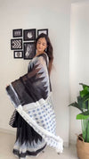 Black Linen Printed Saree for Women | Black & White Abstract Printed Saree