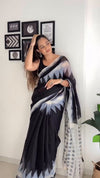 Black Linen Printed Saree for Women | Black & White Abstract Printed Saree
