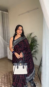 Black Linen Printed Saree for Women | Maroon Abstract & Geometric Print Saree