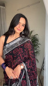 Black Linen Printed Saree for Women | Maroon Abstract & Geometric Print Saree