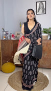 Black Linen Printed Saree for Women | Floral Block Print with Red Pallu