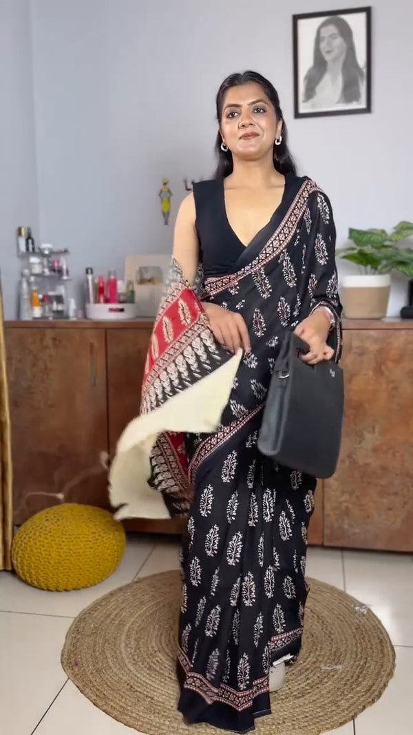Black Linen Printed Saree for Women | Floral Block Print with Red Pallu