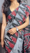 Grey Linen Printed Saree for Women | Black & Red Abstract Printed Saree