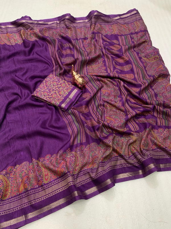 Tussar Silk Paisley Border Printed Saree for Women | Elegant Printed Silk Saree