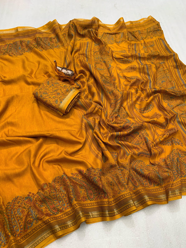 Tussar Silk Paisley Border Printed Saree for Women | Elegant Printed Silk Saree