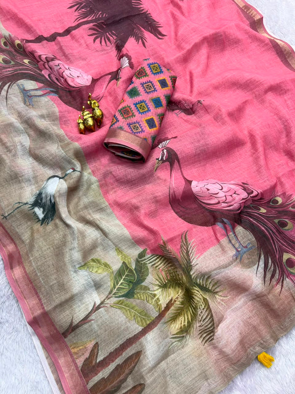 Linen Printed Saree for Women | Peacock & Floral Digital Print Saree