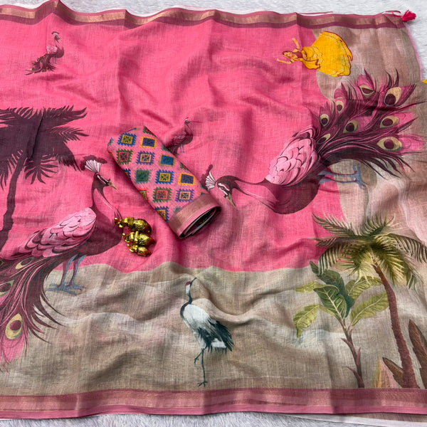 Linen Printed Saree for Women | Peacock & Floral Digital Print Saree
