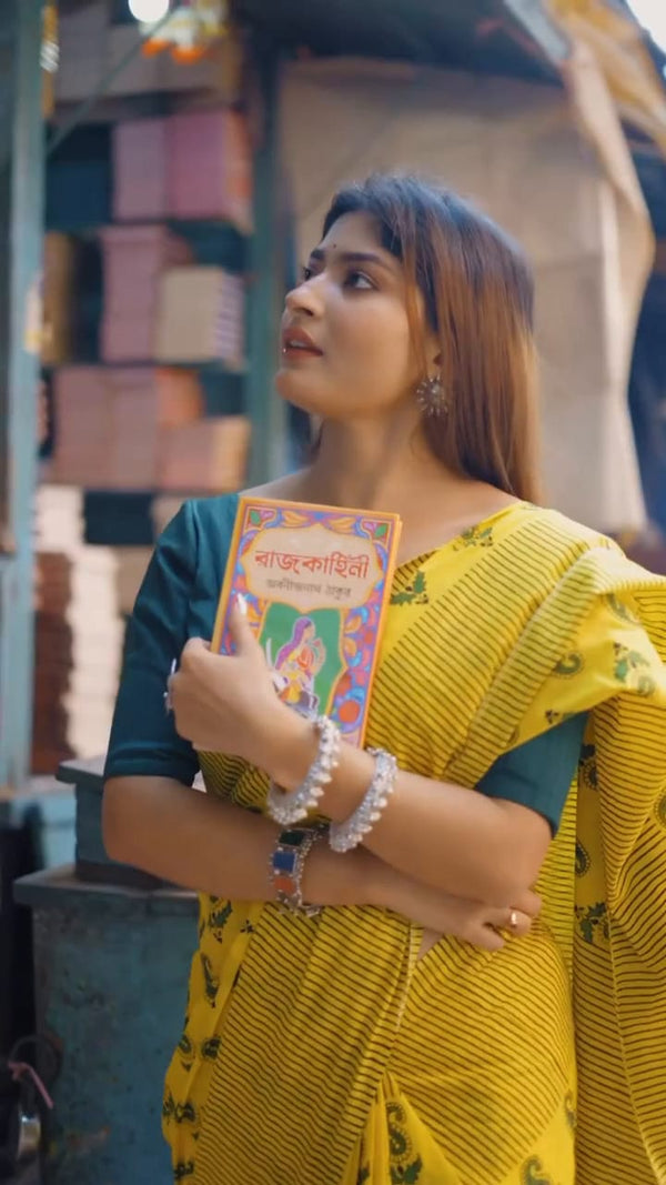 Yellow Printed Saree for Women | Traditional Paisley Print Saree with Striped Border