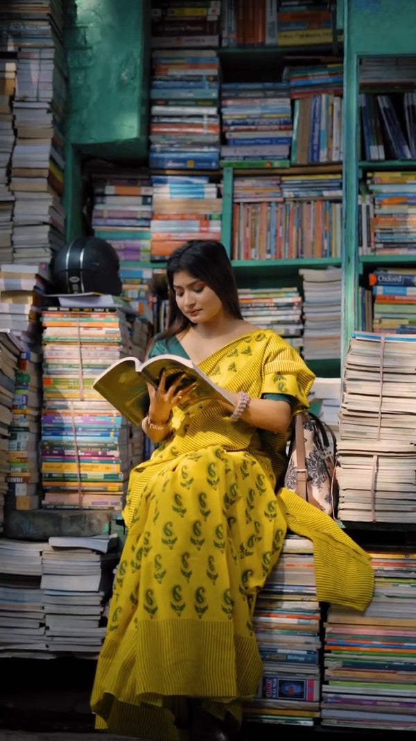 Yellow Printed Saree for Women | Traditional Paisley Print Saree with Striped Border