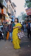 Yellow Printed Saree for Women | Traditional Paisley Print Saree with Striped Border