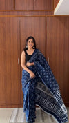 Navy Blue Printed Linen Saree for Women | Floral Print Saree with Designer Border