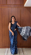 Navy Blue Printed Linen Saree for Women | Floral Print Saree with Designer Border