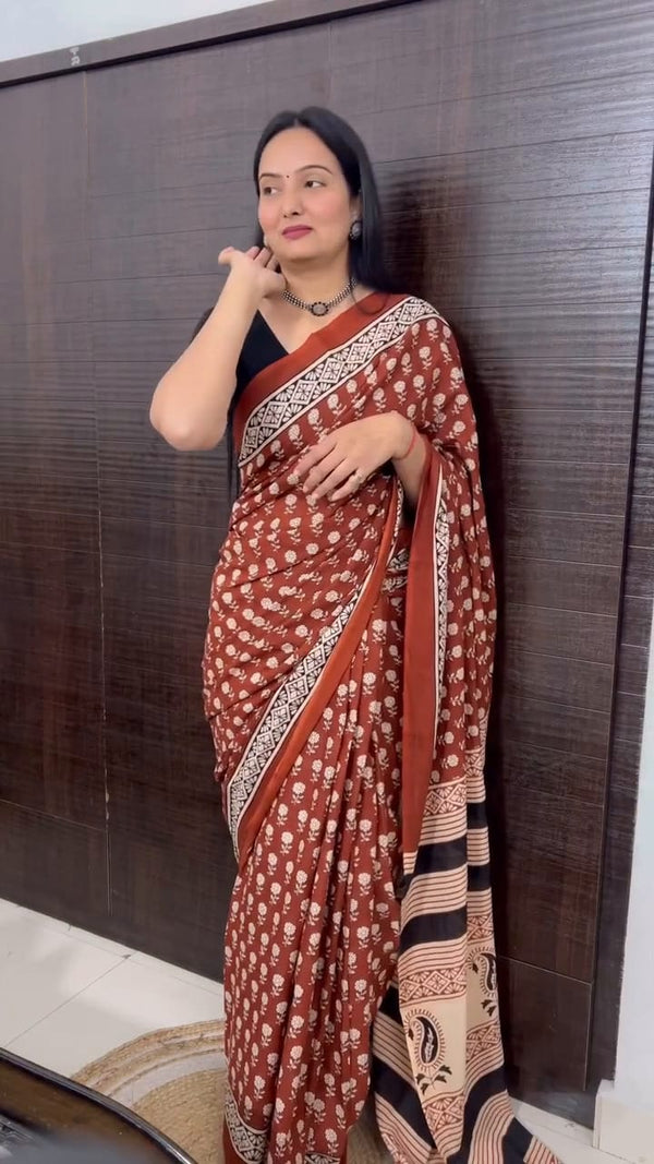 Brown Printed Linen Saree for Women | Traditional Paisley & Striped Designer Saree
