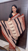 Brown Printed Linen Saree for Women | Traditional Paisley & Striped Designer Saree