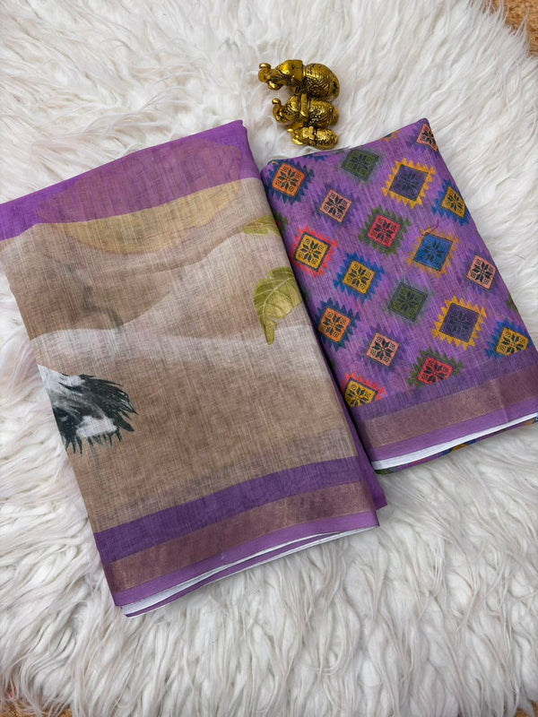 Linen Printed Saree for Women | Peacock & Floral Digital Print Saree