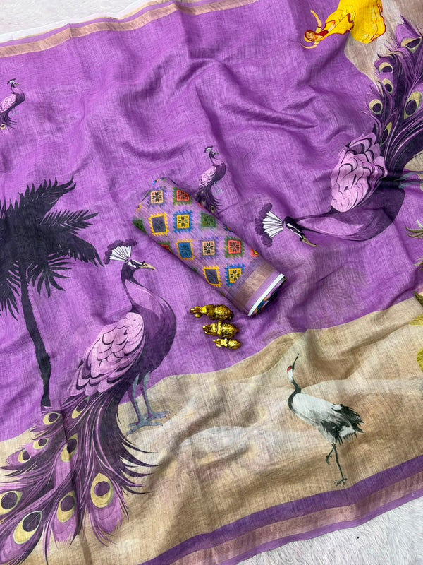 Linen Printed Saree for Women | Peacock & Floral Digital Print Saree