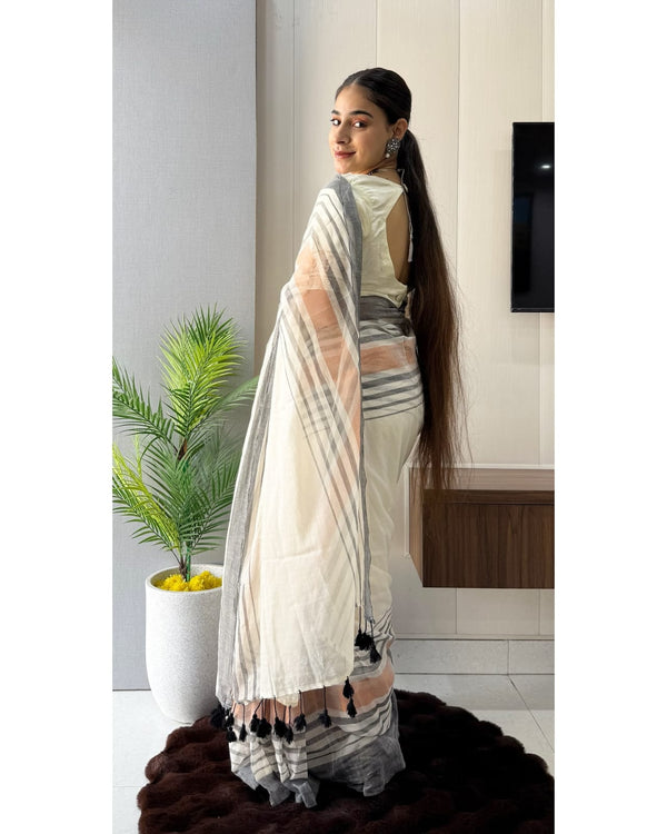 Cream Linen Saree for Women | Striped Linen Saree with Tassel Pallu