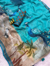 Linen Printed Saree for Women | Peacock & Floral Digital Print Saree