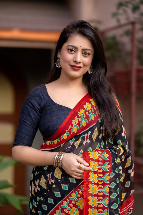 Ikat Linen Saree for Women | Traditional Ikat Print Linen Saree