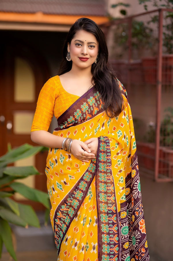 Ikat Linen Saree for Women | Traditional Ikat Print Linen Saree