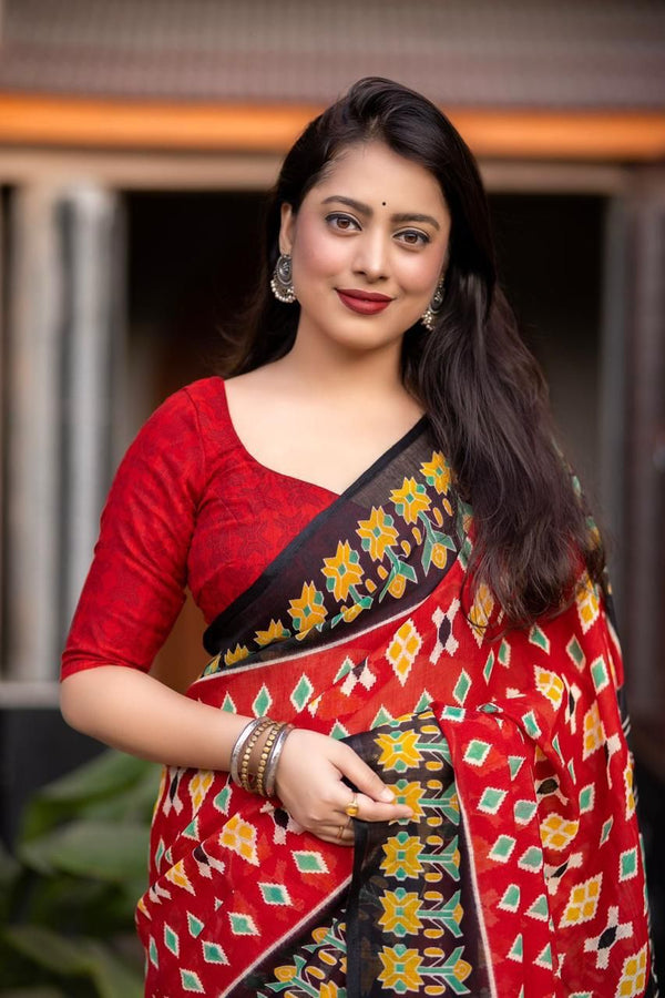 Ikat Linen Saree for Women | Traditional Ikat Print Linen Saree