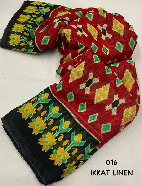 Ikat Linen Saree for Women | Traditional Ikat Print Linen Saree