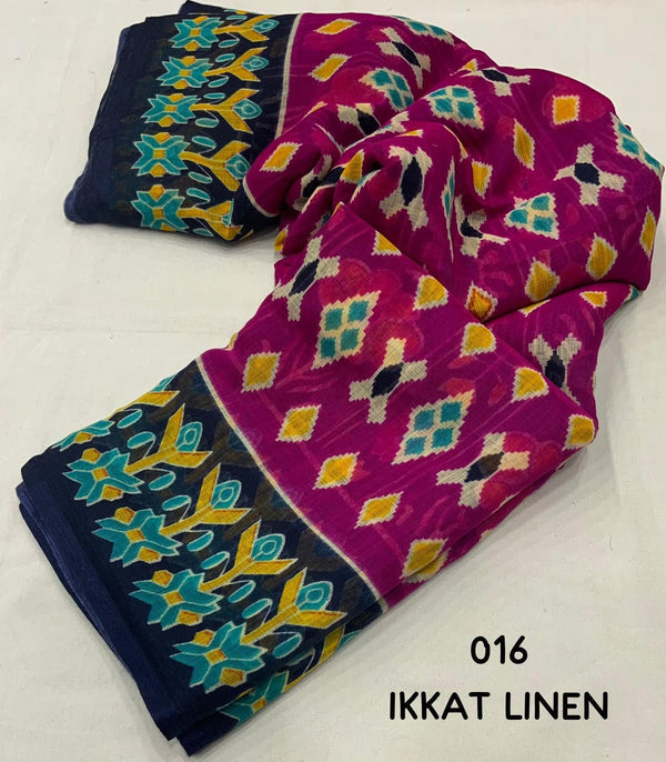 Ikat Linen Saree for Women | Traditional Ikat Print Linen Saree