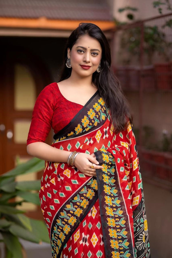 Ikat Linen Saree for Women | Traditional Ikat Print Linen Saree