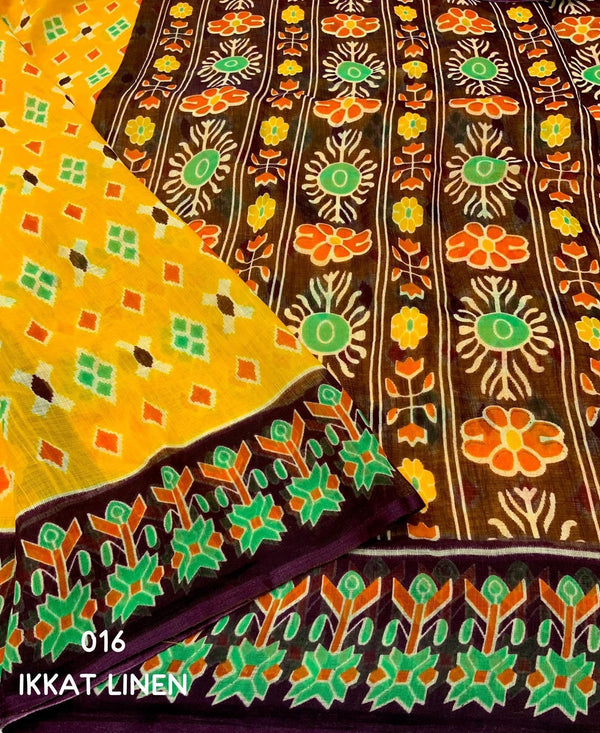 Ikat Linen Saree for Women | Traditional Ikat Print Linen Saree