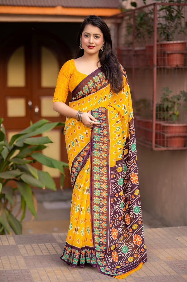 Ikat Linen Saree for Women | Traditional Ikat Print Linen Saree
