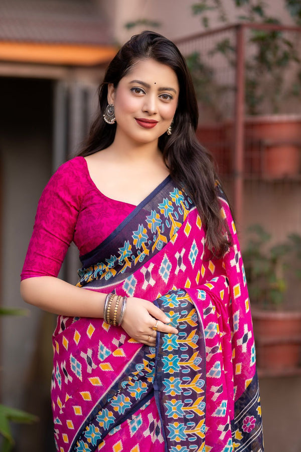 Ikat Linen Saree for Women | Traditional Ikat Print Linen Saree