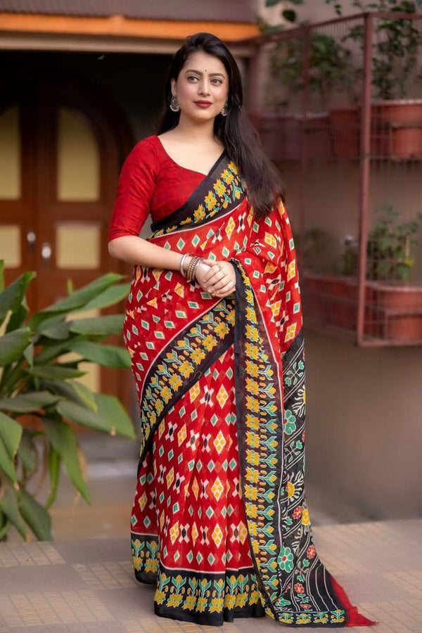 Ikat Linen Saree for Women | Traditional Ikat Print Linen Saree