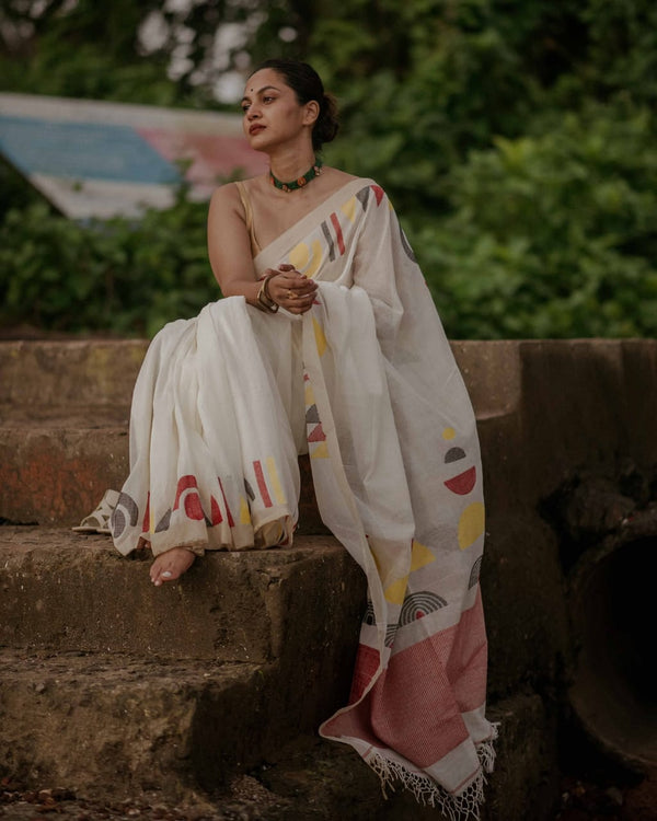 Hand Block Printed Linen Saree for Women | Contemporary Printed Linen Saree