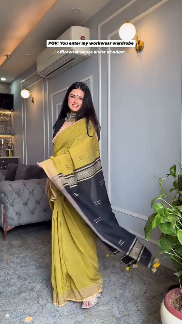 Mustard Yellow & Black Printed Saree for Women | Designer Workwear Saree