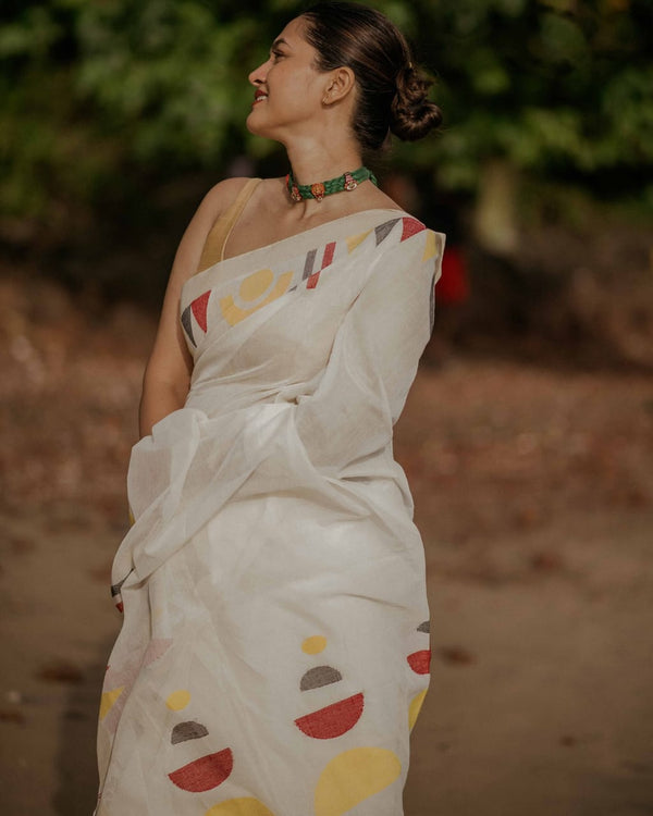 Hand Block Printed Linen Saree for Women | Contemporary Printed Linen Saree