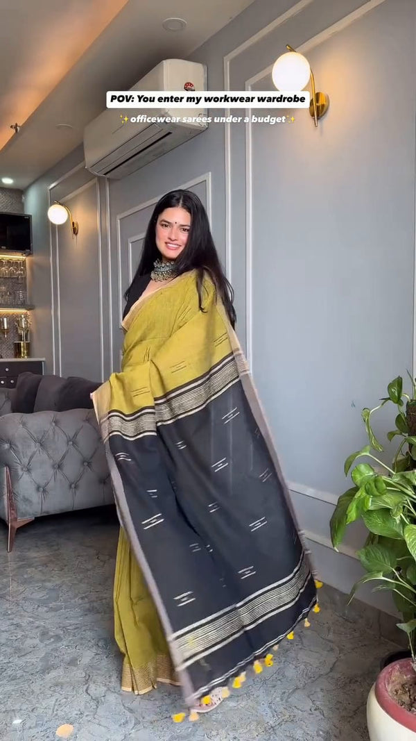 Mustard Yellow & Black Printed Saree for Women | Designer Workwear Saree