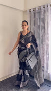 Black Printed Saree for Women | Leaf Print Designer Saree with Striped Border